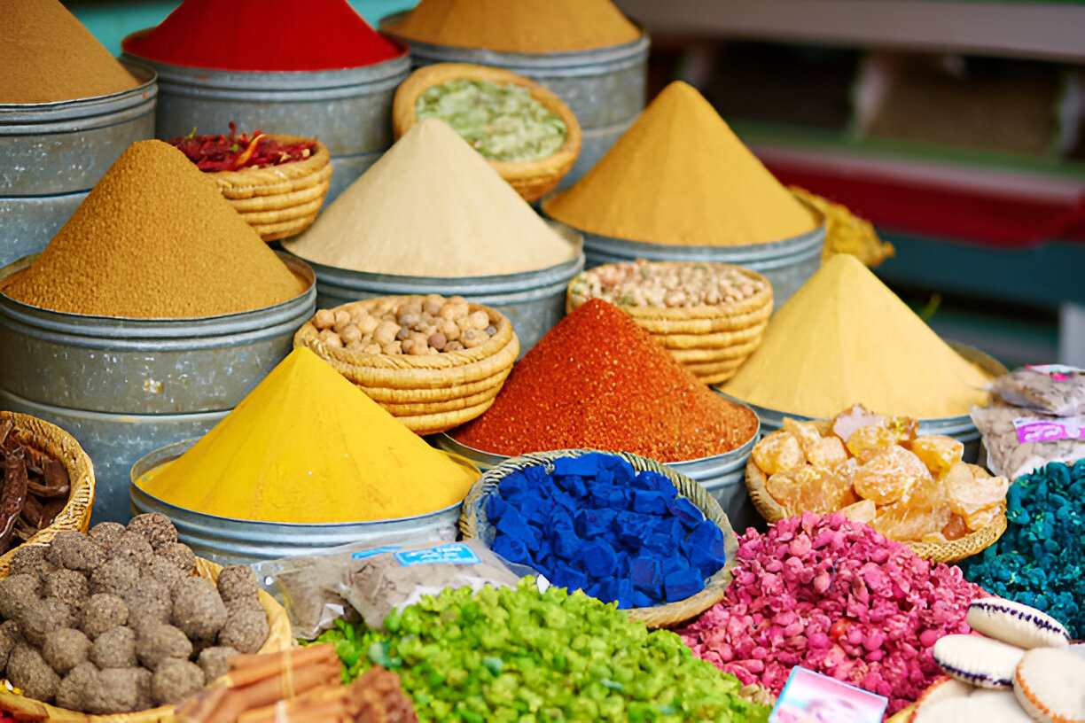 Cones of coloured spices in a Marrakech souk